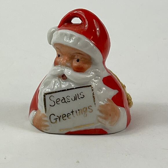 Vintage Japan Santa Bell Ornament Ceramic Red White “Seasons Greetings” 1.75" - Picture 1 of 9